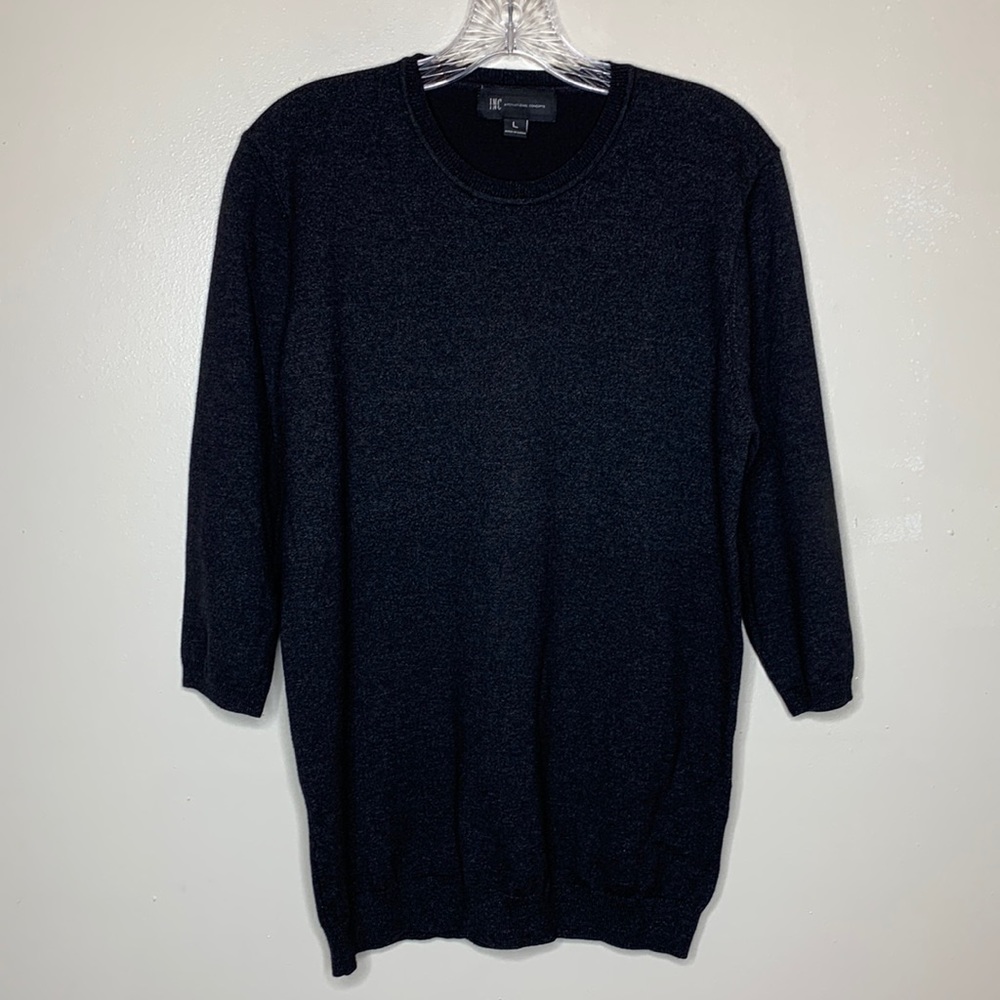 INC Sweater Black & Gray Heathered Crewneck 3/4 Sleeves Large